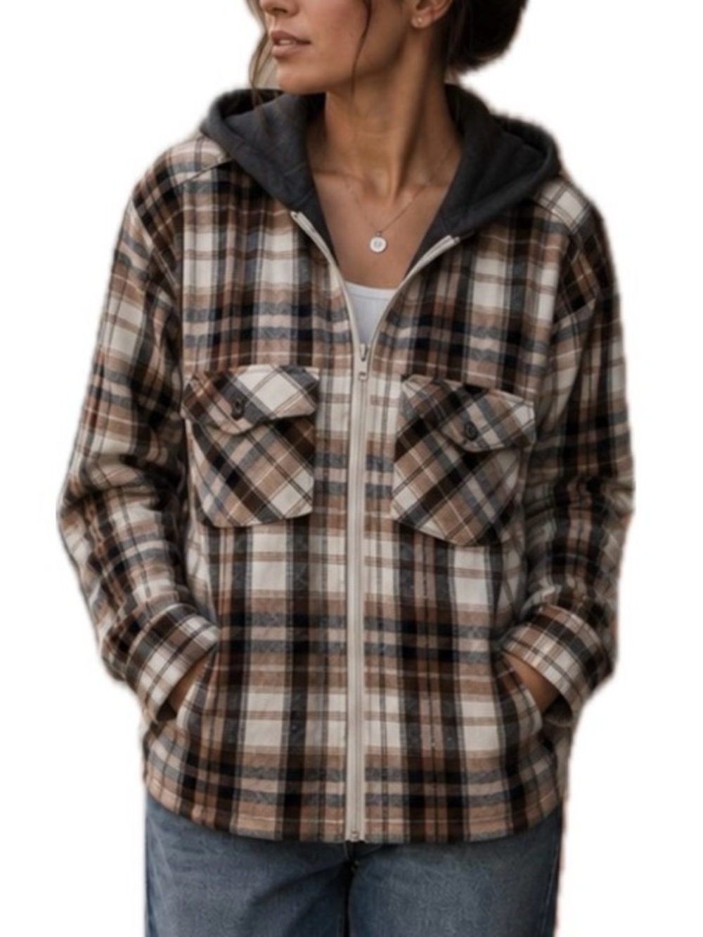 Shyanne Life Women's Plaid Hooded Full Zip Jacket w/ Pockets XS Brown Beige